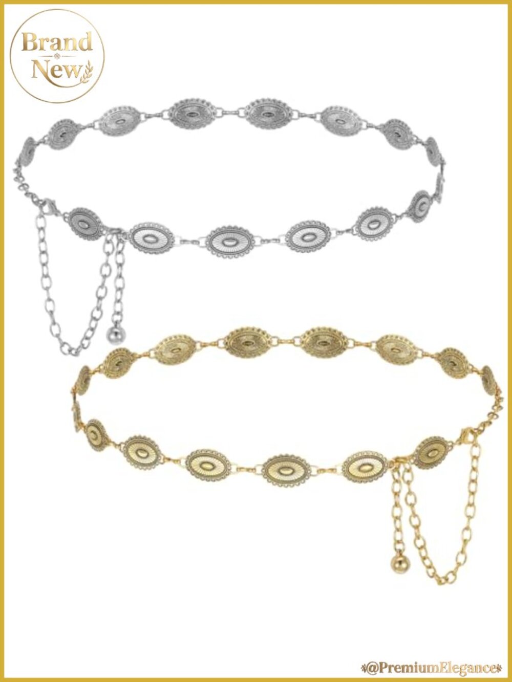 2pcs Western Concho Chain Belts for Women Silver Gold Metal Waist